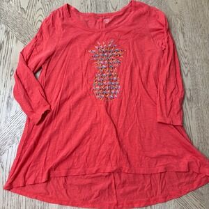 Crown &‎ Ivy Women's Medium Coral Pineapple Graphic Top 3/4 Sleeve